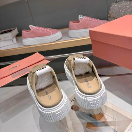 MIUMIU 26S SNEAKER MULES 45MM IN OLIVE GREEN MESH