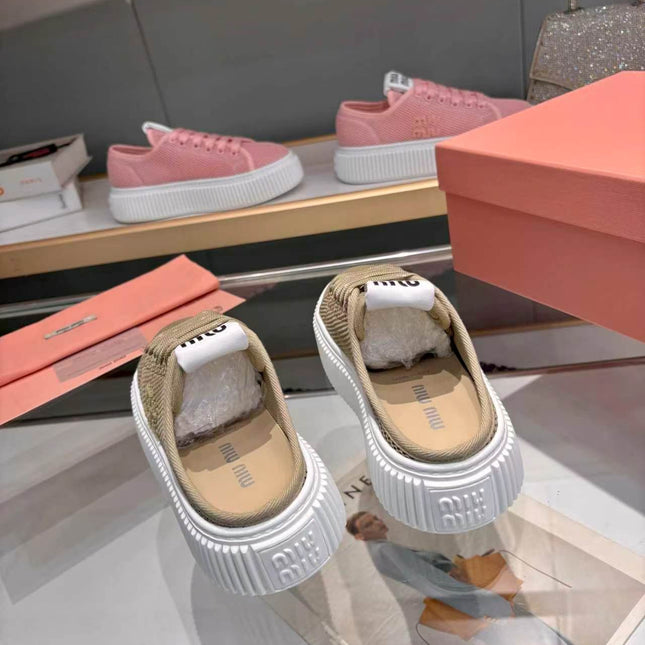 MIUMIU 26S SNEAKER MULES 45MM IN OLIVE GREEN MESH