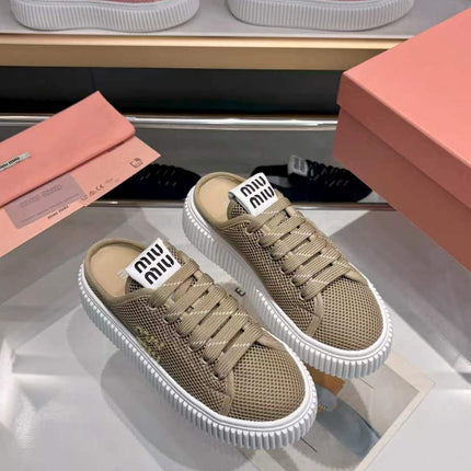 MIUMIU 26S SNEAKER MULES 45MM IN OLIVE GREEN MESH