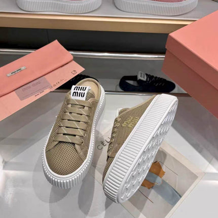 MIUMIU 26S SNEAKER MULES 45MM IN OLIVE GREEN MESH