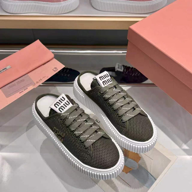 MIUMIU 26S SNEAKER MULES 45MM IN DARK OLIVE GREEN MESH