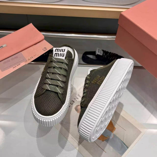 MIUMIU 26S SNEAKER MULES 45MM IN DARK OLIVE GREEN MESH