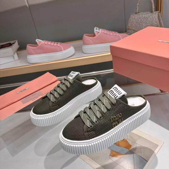 MIUMIU 26S SNEAKER MULES 45MM IN DARK OLIVE GREEN MESH
