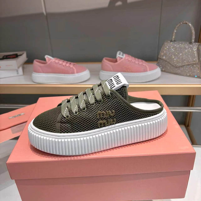 MIUMIU 26S SNEAKER MULES 45MM IN DARK OLIVE GREEN MESH