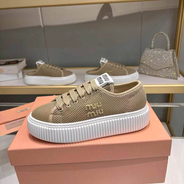 MIUMIU 26S SNEAKER 45MM IN OLIVE GREEN MESH FABRIC