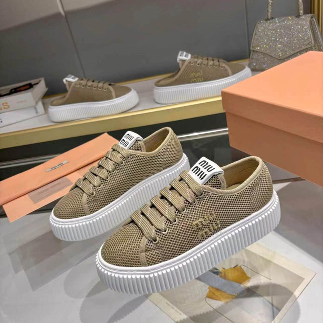 MIUMIU 26S SNEAKER 45MM IN OLIVE GREEN MESH FABRIC