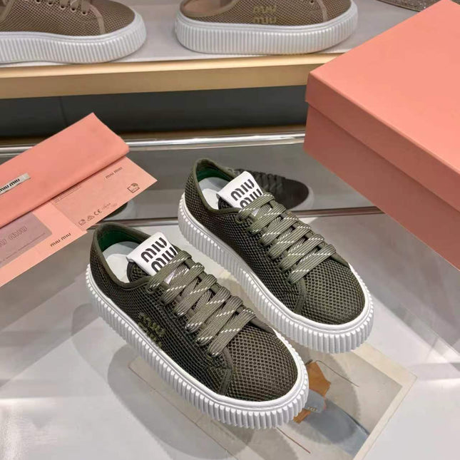 MIUMIU 26S SNEAKER 45MM IN DARK OLIVE GREEN MESH FABRIC