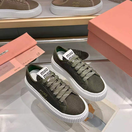 MIUMIU 26S SNEAKER 45MM IN DARK OLIVE GREEN MESH FABRIC