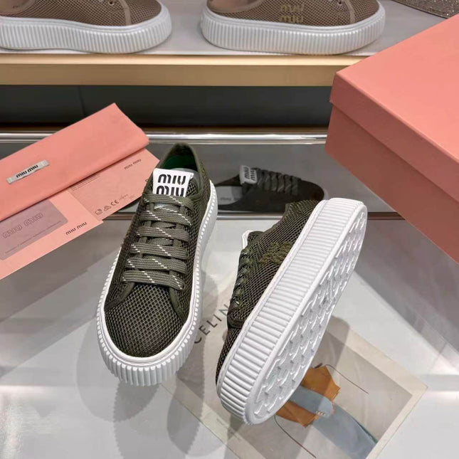 MIUMIU 26S SNEAKER 45MM IN DARK OLIVE GREEN MESH FABRIC
