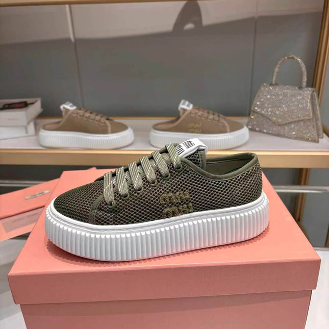 MIUMIU 26S SNEAKER 45MM IN DARK OLIVE GREEN MESH FABRIC