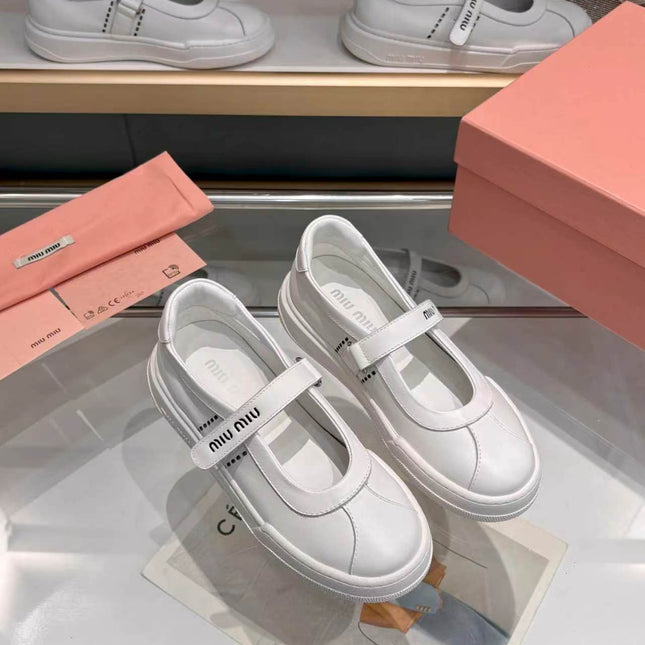 MIUMIU 26S MARY JANE BALLERINAS IN WHITE CALFSKIN