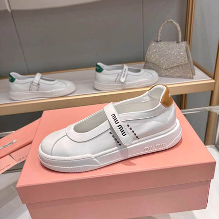 MIUMIU 26S MARY JANE BALLERINAS IN WHITE AND TAN BROWN CALFSKIN