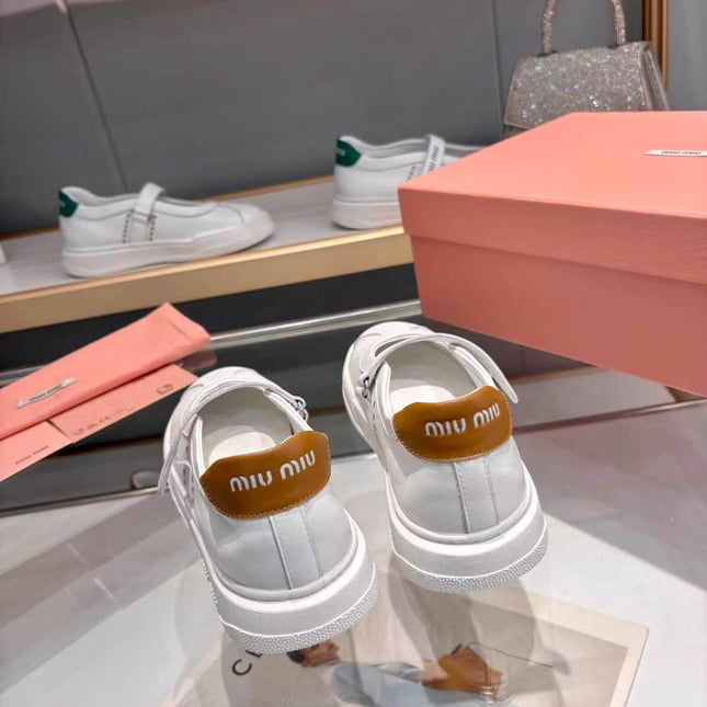 MIUMIU 26S MARY JANE BALLERINAS IN WHITE AND TAN BROWN CALFSKIN