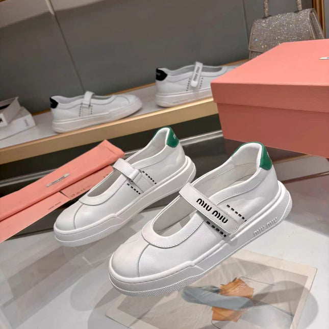 MIUMIU 26S MARY JANE BALLERINAS IN WHITE AND GREEN CALFSKIN
