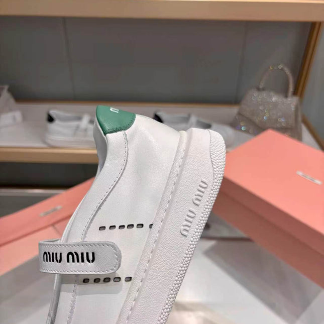 MIUMIU 26S MARY JANE BALLERINAS IN WHITE AND GREEN CALFSKIN