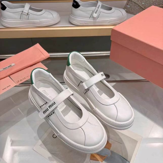 MIUMIU 26S MARY JANE BALLERINAS IN WHITE AND GREEN CALFSKIN