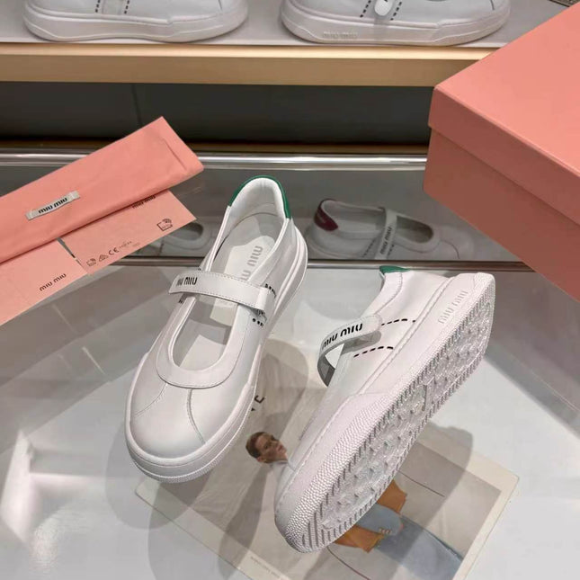 MIUMIU 26S MARY JANE BALLERINAS IN WHITE AND GREEN CALFSKIN