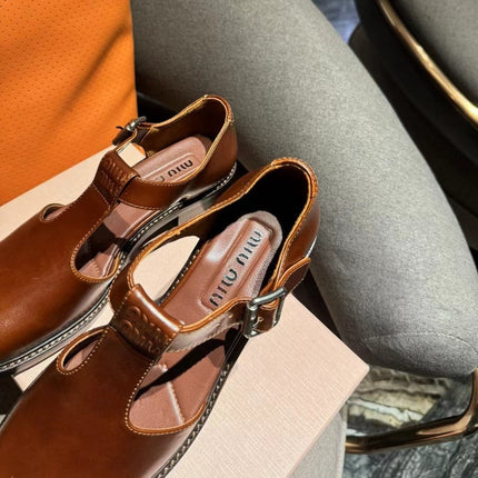Square Toe Thick Heel Retro Mary Jane Shoes Chestnut Calfskin