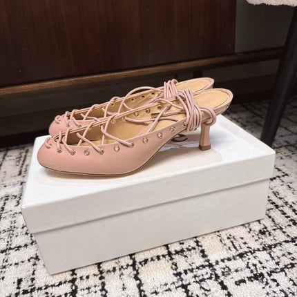 CHLOÉ 26S LACE-UP HEELS 60 MM IN NUDE PINK CALFSKIN