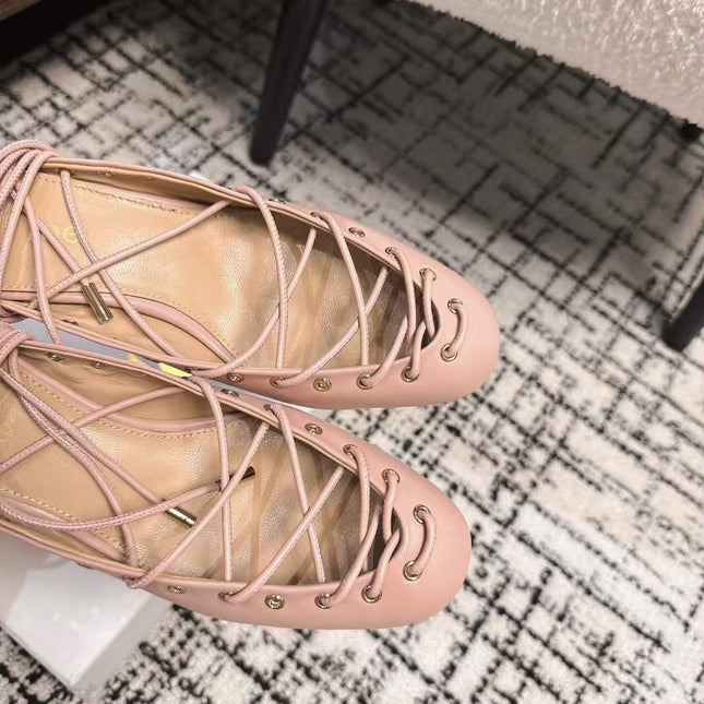 CHLOÉ 26S LACE-UP HEELS 60 MM IN NUDE PINK CALFSKIN