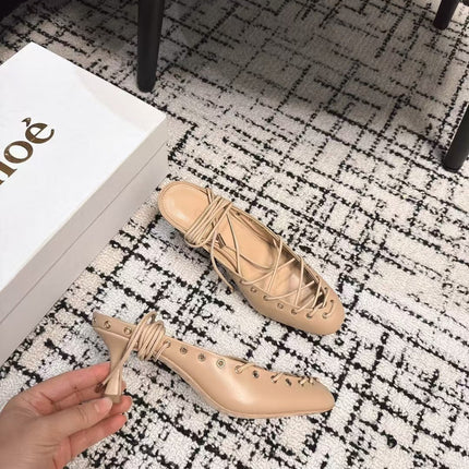 CHLOÉ 26S LACE-UP HEELS 60 MM IN NUDE BEIGE CALFSKIN