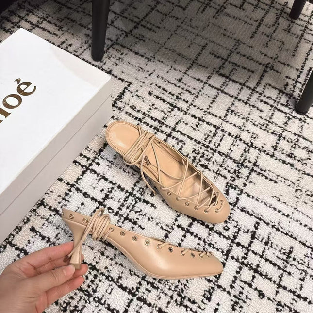 CHLOÉ 26S LACE-UP HEELS 60 MM IN NUDE BEIGE CALFSKIN