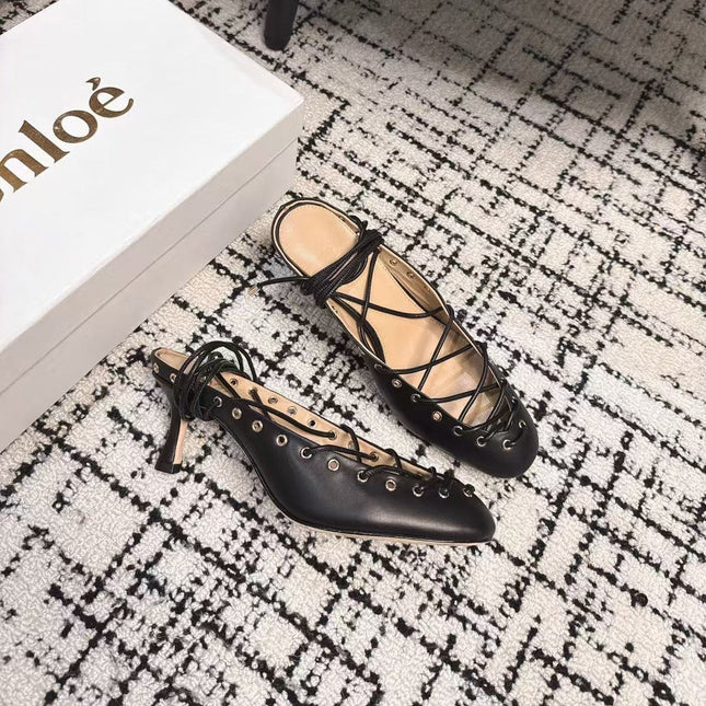 CHLOÉ 26S LACE-UP HEELS 60 MM IN BLACK CALFSKIN