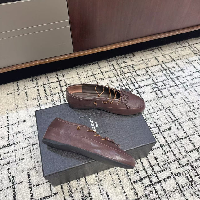 MIUMIU 26S LACE UP BOW LOAFERS IN DARK BROWN CALFSKIN