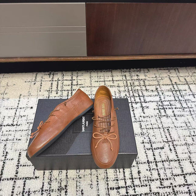 MIUMIU 26S LACE UP BOW LOAFERS IN CARAMEL BROWN CALFSKIN