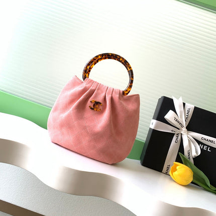 CHANEL 26S HAND BAG MEDIUM 24 IN PINK SUEDE GOLD HARDWARE