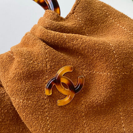 CHANEL 26S HAND BAG 12 IN CARAMEL BROWN SUEDE GOLD HARDWARE