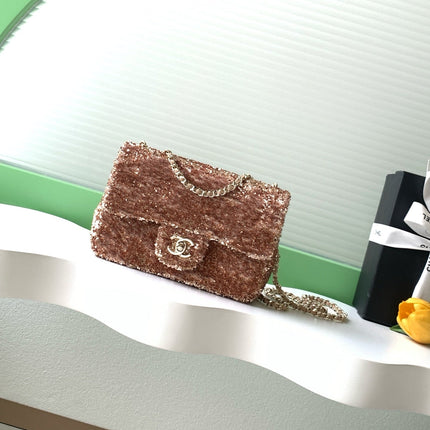 CHANEL 26S SEQUINS FLAP BAG 21 IN BROWN TWEED AND CALFSKIN GOLD HARDWARE
