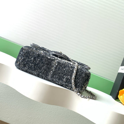 CHANEL 26S SEQUINS FLAP BAG 21 IN BLACK TWEED AND CALFSKIN SILVER HARDWARE
