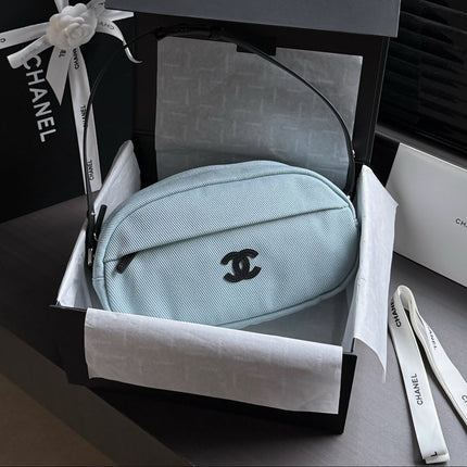 CHANEL 26S COCO BEACH SHOULDER BAG 32 IN LIGHT BLUE CANVAS WITH CALFSKIN STRAP