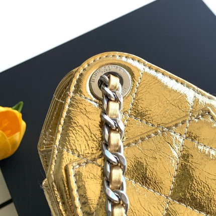 CHANEL 26S HOBO BAG 22 IN GOLD METALLIC CRINKLED CALFSKIN SILVER HARDWARE