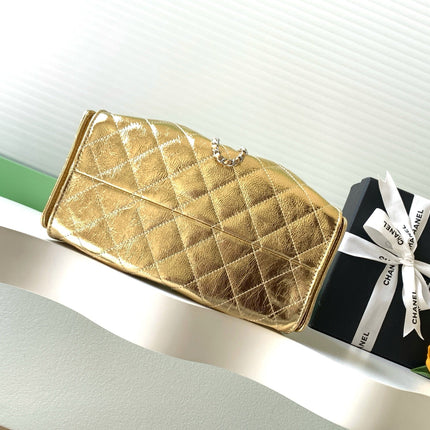 CHANEL 26S HOBO BAG 30 IN GOLD METALLIC CRINKLED CALFSKIN SILVER HARDWARE
