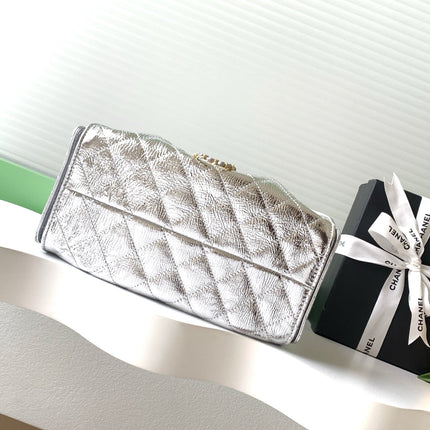 CHANEL 26S HOBO BAG 30 IN SILVER METALLIC CRINKLED CALFSKIN GOLD HARDWARE