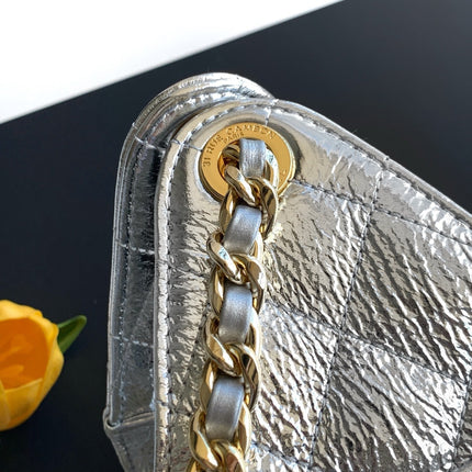 CHANEL 26S HOBO BAG 30 IN SILVER METALLIC CRINKLED CALFSKIN GOLD HARDWARE
