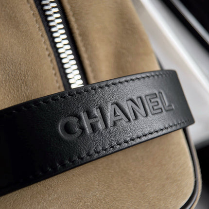 CHANEL 26S LARGE ZIP POUCH BAG 29 IN DARK BEIGE SUEDE AND CALFSKIN SILVER HARDWARE