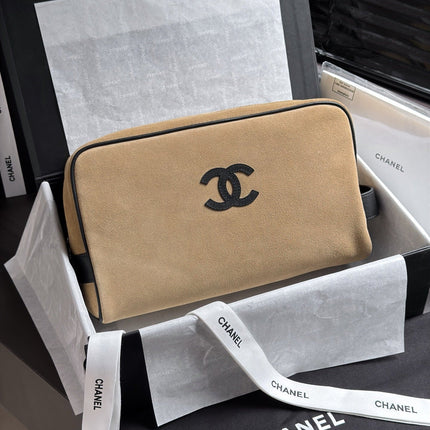 CHANEL 26S LARGE ZIP POUCH BAG 29 IN DARK BEIGE SUEDE AND CALFSKIN SILVER HARDWARE
