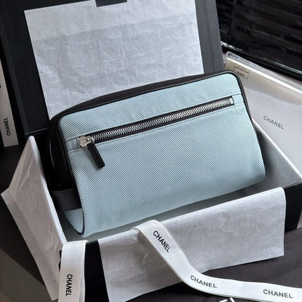CHANEL 26S LARGE ZIP POUCH BAG 29 IN LIGHT BLUE CANVAS AND CALFSKIN SILVER HARDWARE