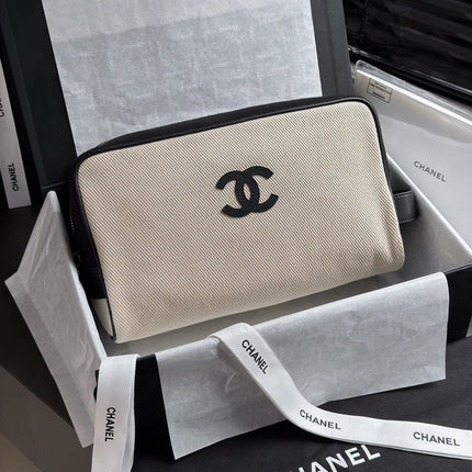 CHANEL 26S LARGE ZIP POUCH BAG 29 IN BEIGE CANVAS AND CALFSKIN SILVER HARDWARE