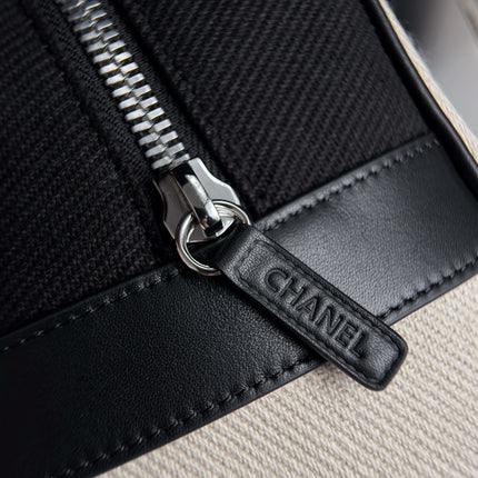 CHANEL 26S LARGE ZIP POUCH BAG 29 IN BEIGE CANVAS AND CALFSKIN SILVER HARDWARE