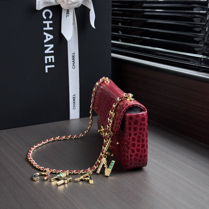 CHANEL 26S WALLET ON CHAIN 22 IN DARK RED CROCODILE-EMBOSSED CALFSKIN GOLD HARDWARE