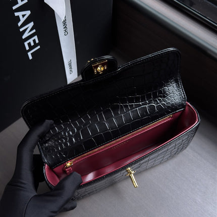 CHANEL 26S WALLET ON CHAIN 22 IN BLACK CROCODILE-EMBOSSED CALFSKIN GOLD HARDWARE