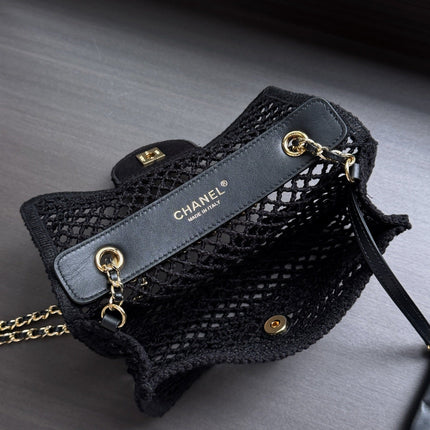 CHANEL 26S SMALL CLASSIC FLAP BAG 21 IN BLACK OPEN-WEAVE CROCHET GOLD HARDWARE