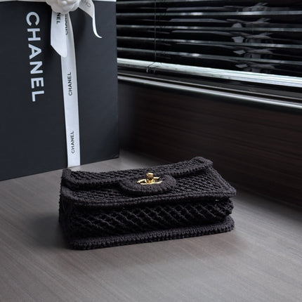 CHANEL 26S SMALL CLASSIC FLAP BAG 21 IN BLACK OPEN-WEAVE CROCHET GOLD HARDWARE