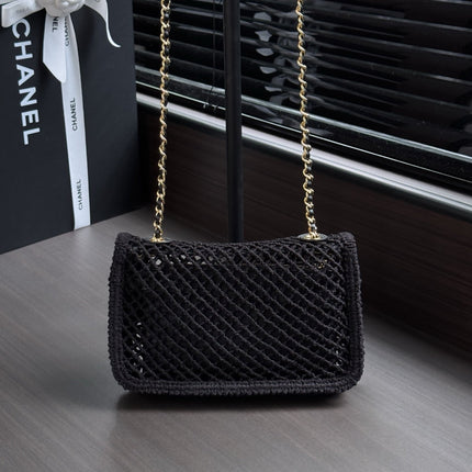CHANEL 26S SMALL CLASSIC FLAP BAG 21 IN BLACK OPEN-WEAVE CROCHET GOLD HARDWARE