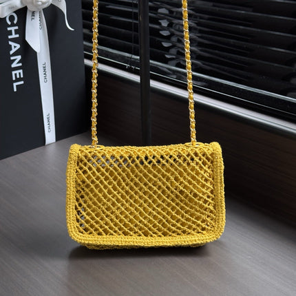 CHANEL 26S SMALL CLASSIC FLAP BAG 21 IN YELLOW OPEN-WEAVE CROCHET GOLD HARDWARE