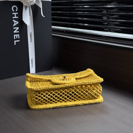 CHANEL 26S SMALL CLASSIC FLAP BAG 21 IN YELLOW OPEN-WEAVE CROCHET GOLD HARDWARE